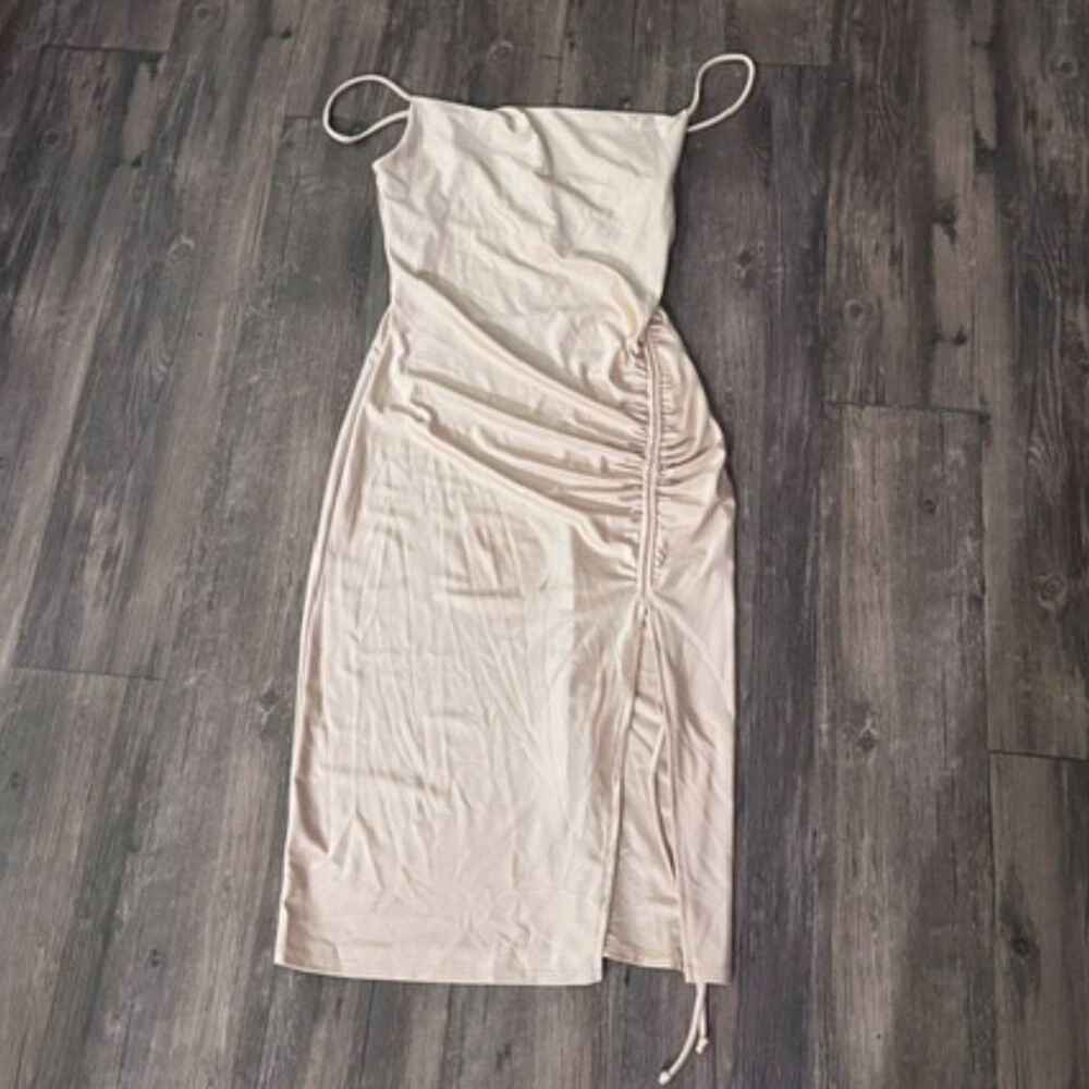 Love J Blush Champagne Ruched Midi Dress Size M NWT